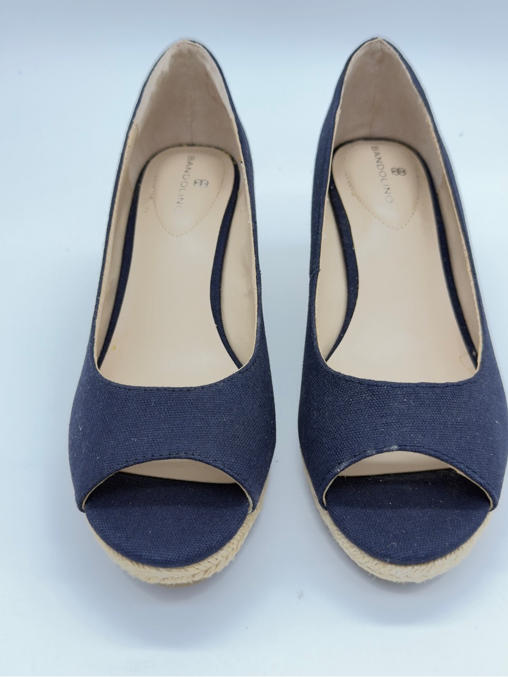 Bandolino Navy Canvas Peep-Toe Espadrille Wedges